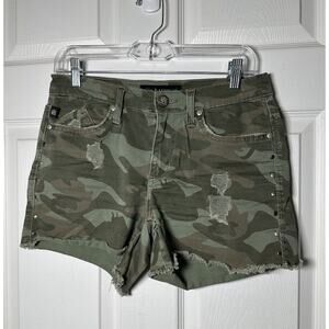 Rock & Republic Jean‎ Shorts Womens Size 4 Green Camo Distressed Cut Off Bling